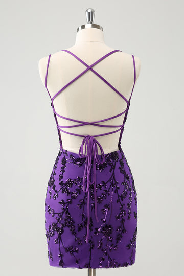 Sparkly Purple Spaghetti Straps Tight Short Homecoming Dress with Appliques
